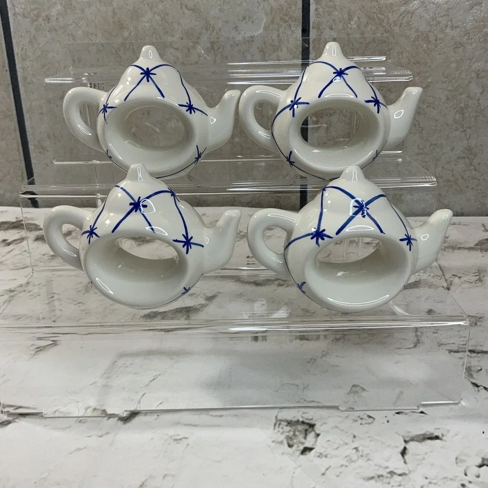 Ceramic Hand Painted White/Blue Teapot Napkin Rings‎ Dinnerware